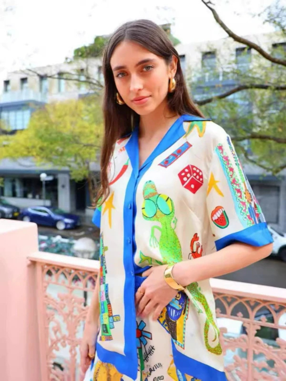 ZARA Fashion Satin Print Short Sleeve Color Block Vacation Tie Set
